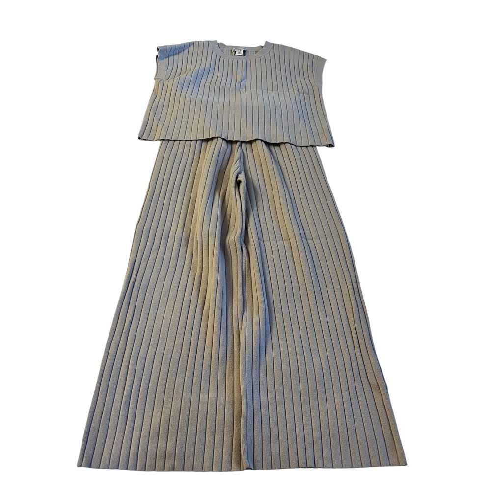 Sincerely Jules Knit 2 Piece Set Tan‎ Beige Sleeveless Top Wide Leg Pants L